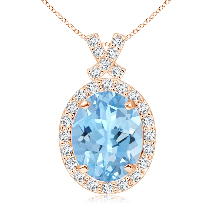 10x8mm AAAA Vintage Style Aquamarine Pendant with Diamond Halo in Rose Gold