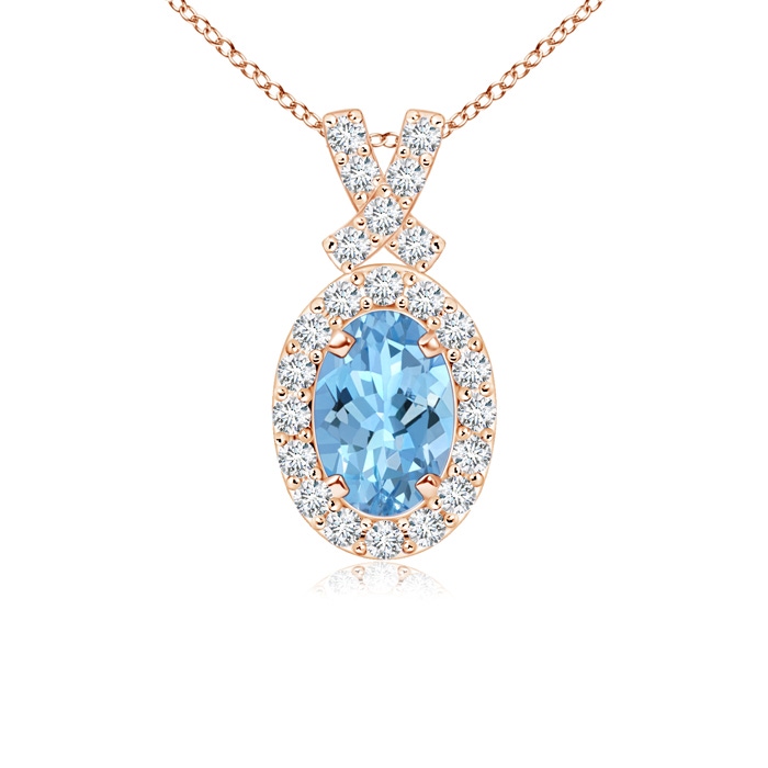 6x4mm AAAA Vintage Style Aquamarine Pendant with Diamond Halo in Rose Gold 