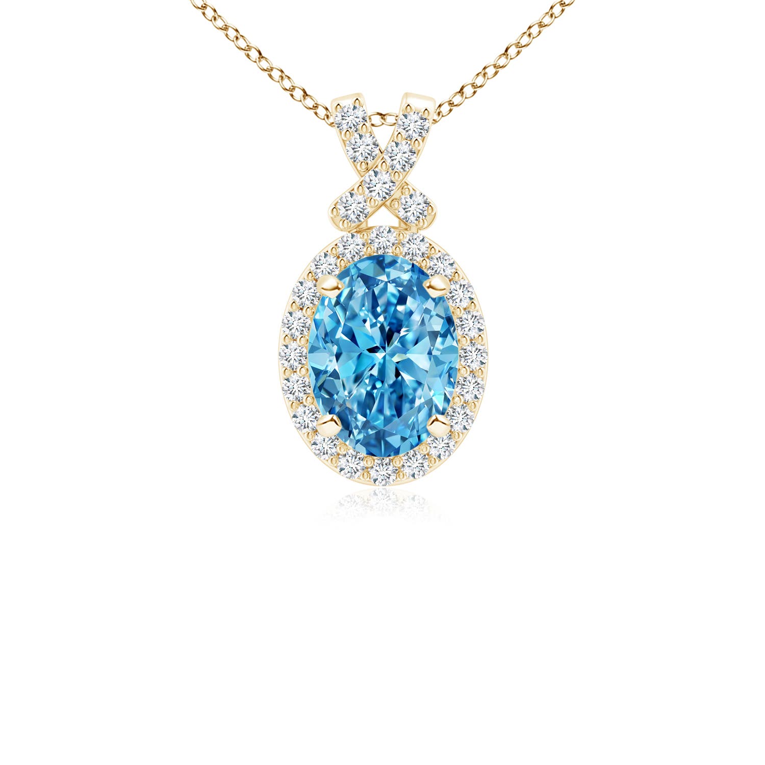 Angara 1.45 CTW Vintage Style Fancy Intense Blue Diamond Pendant with Halo in 18K Yellow Gold