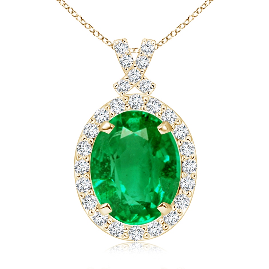 10x8mm AAA Vintage Style Emerald Pendant with Diamond Halo in Yellow Gold 