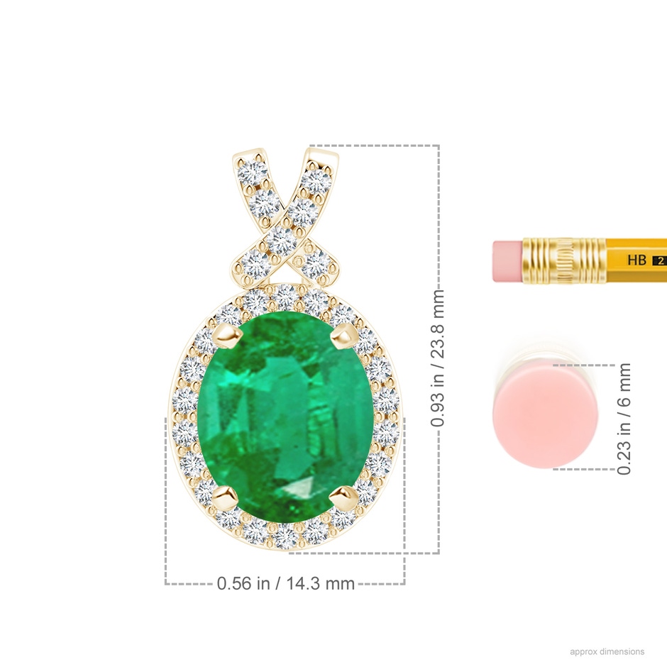 12x10mm AA Vintage Style Emerald Pendant with Diamond Halo in Yellow Gold ruler