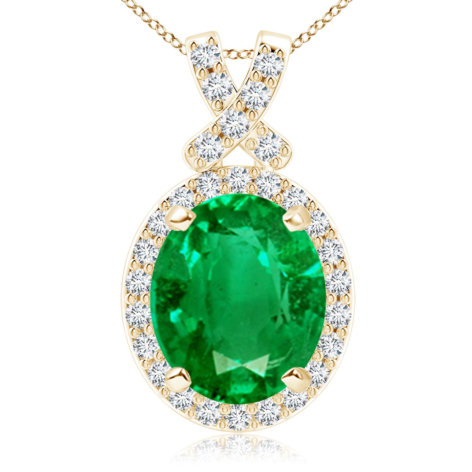 Angara 5.09 CTW Vintage Style Emerald Pendant with Diamond Halo in 18K Yellow Gold