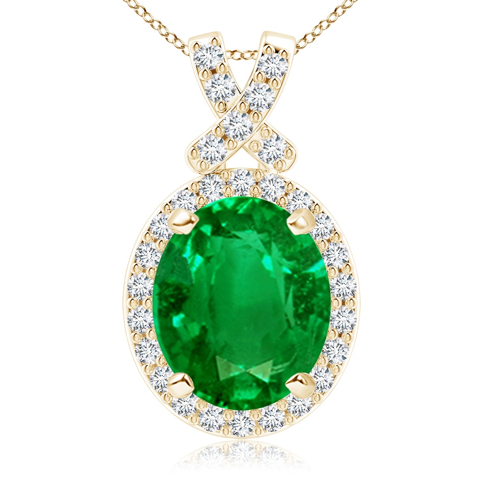 12x10mm AAAA Vintage Style Emerald Pendant with Diamond Halo in Yellow Gold 