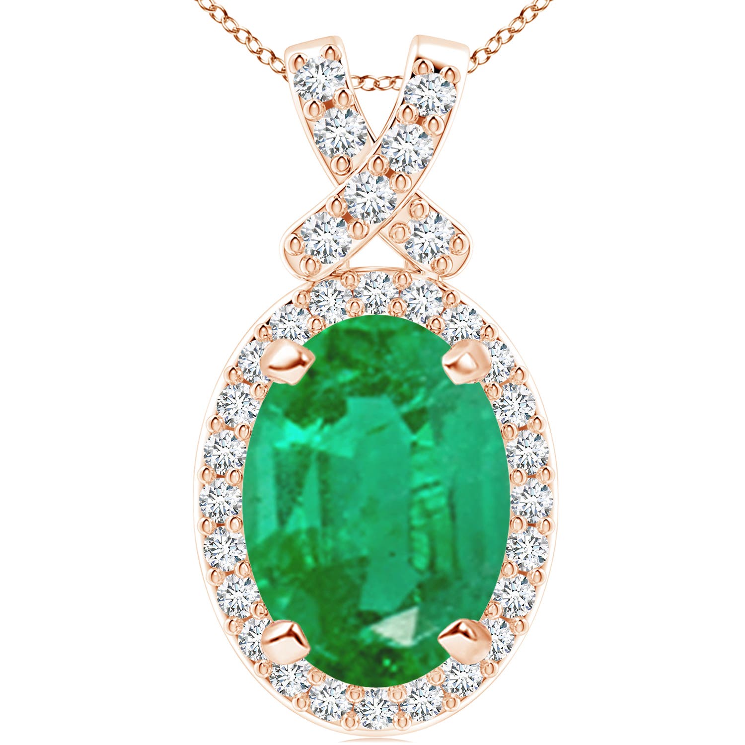 14x10mm AA Vintage Style Emerald Pendant with Diamond Halo in Rose Gold