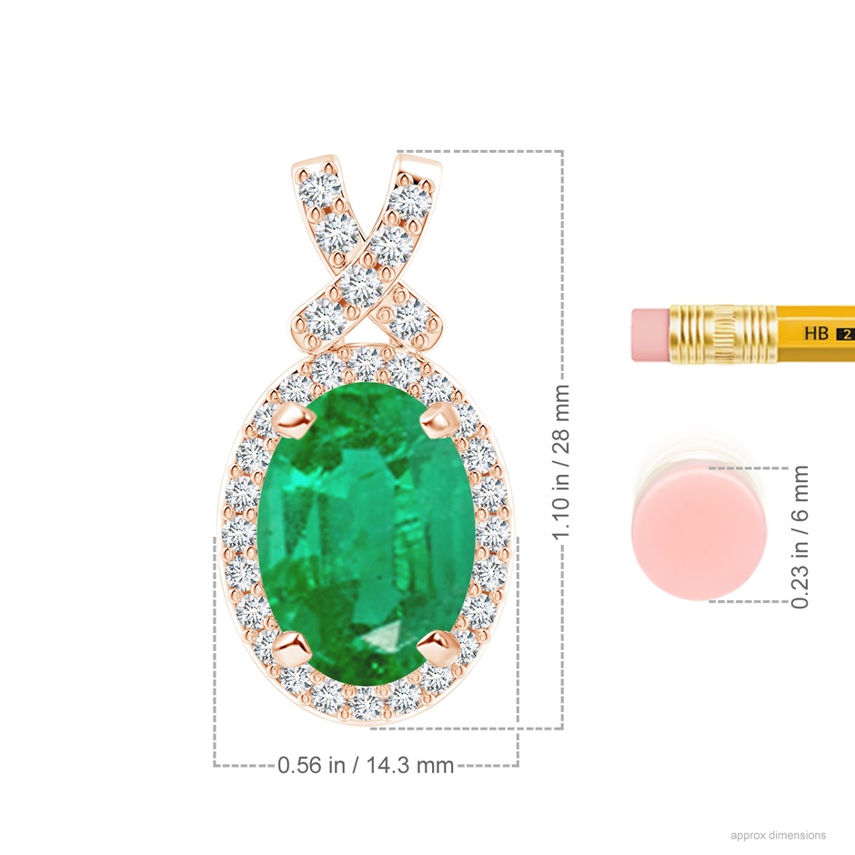 14x10mm AA Vintage Style Emerald Pendant with Diamond Halo in Rose Gold ruler