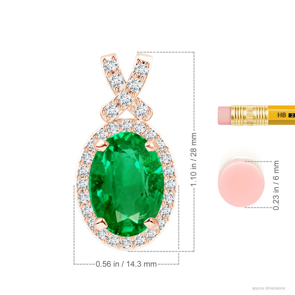 14x10mm AAA Vintage Style Emerald Pendant with Diamond Halo in 18K Rose Gold ruler