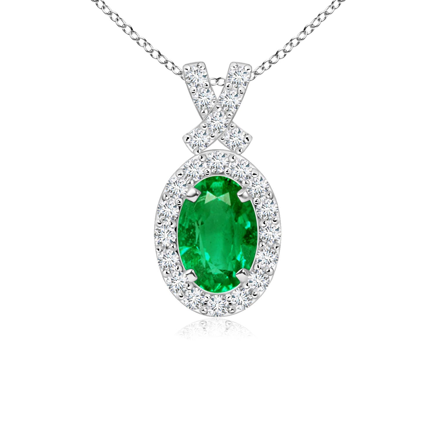 6x4mm AAA Vintage Style Emerald Pendant with Diamond Halo in 18K White Gold