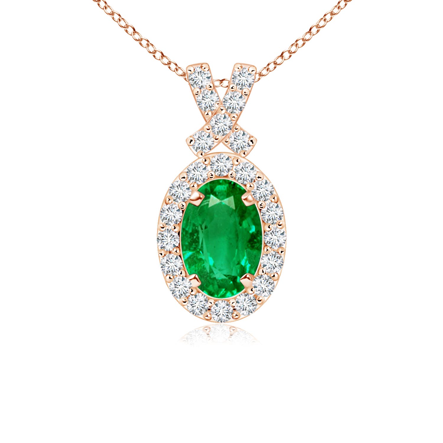 6x4mm AAA Vintage Style Emerald Pendant with Diamond Halo in Rose Gold