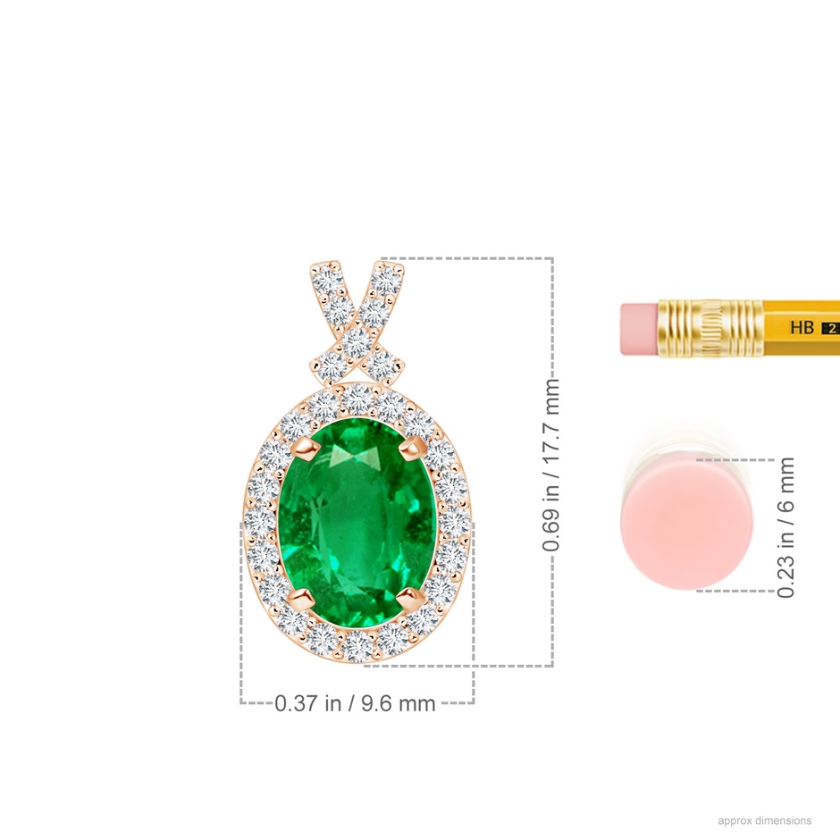 8x6mm AAA Vintage Style Emerald Pendant with Diamond Halo in 18K Rose Gold ruler