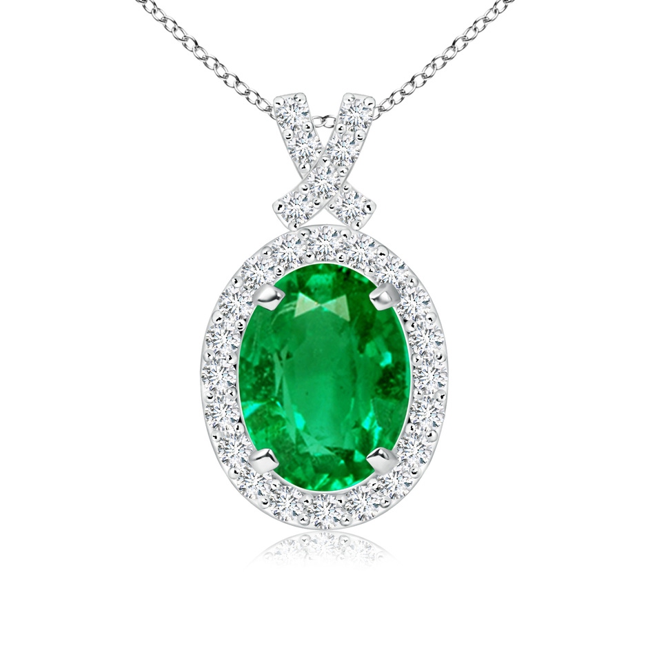 8x6mm AAA Vintage Style Emerald Pendant with Diamond Halo in 18K White Gold 