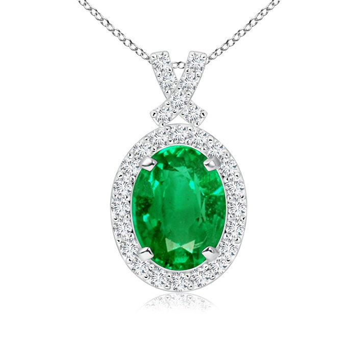 8x6mm AAA Vintage Style Emerald Pendant with Diamond Halo in White Gold