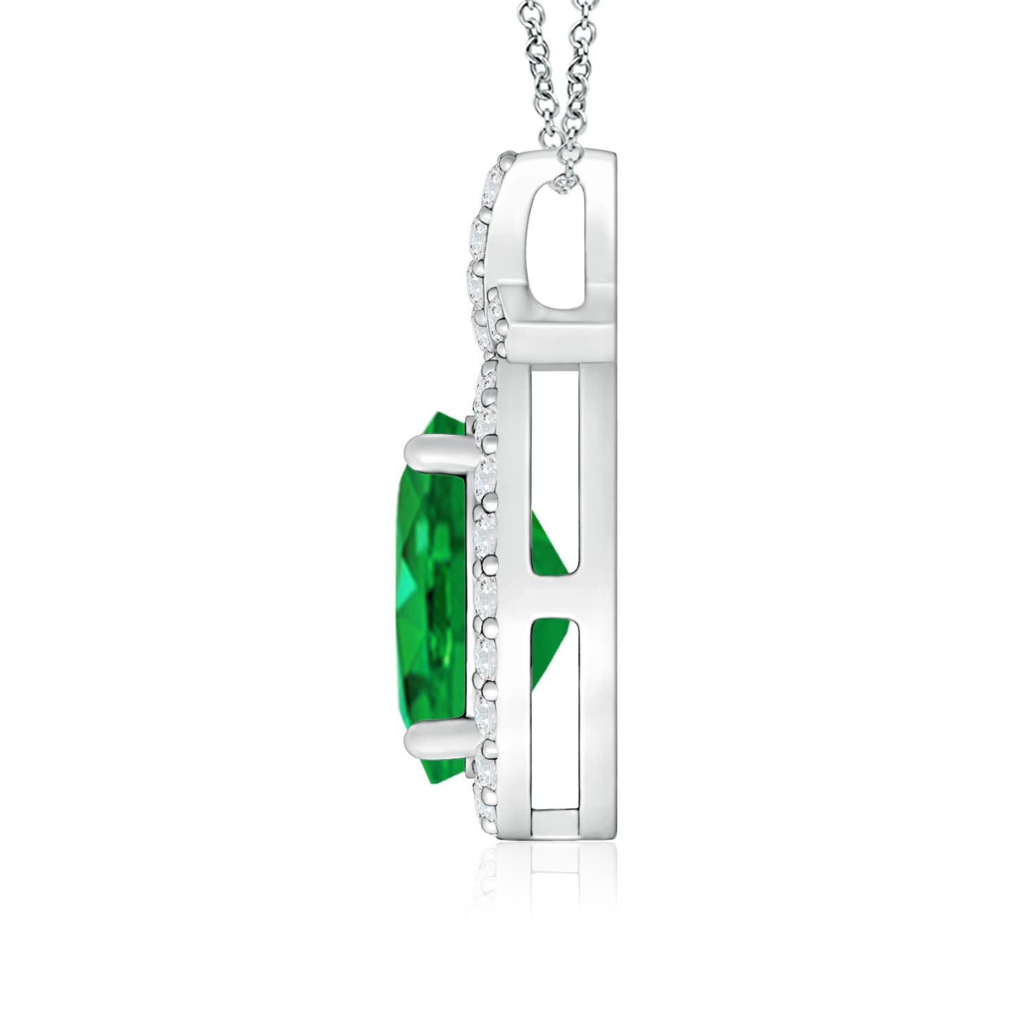 8x6mm AAA Vintage Style Emerald Pendant with Diamond Halo in White Gold - side 3
