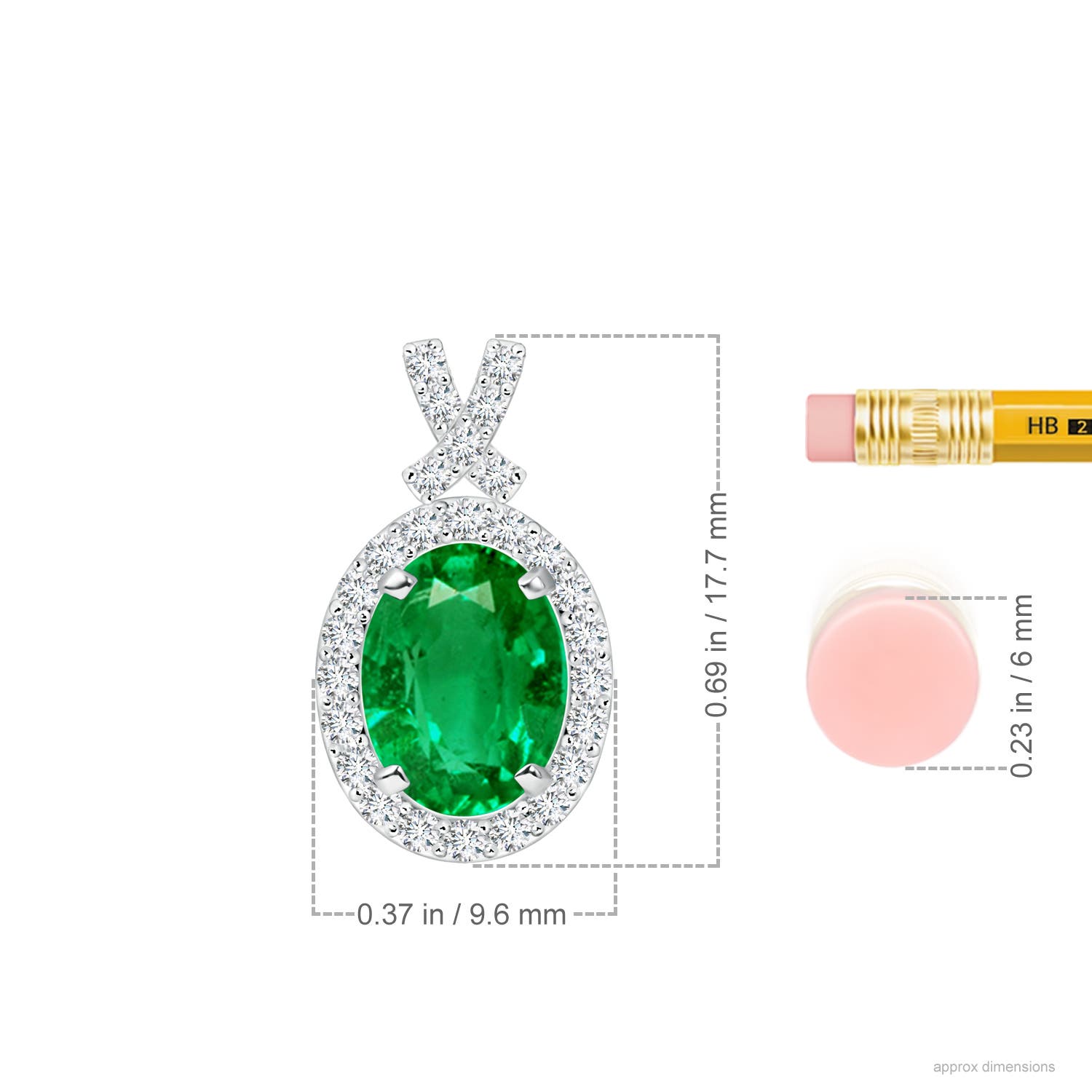 8x6mm AAA Vintage Style Emerald Pendant with Diamond Halo in White Gold - ruler