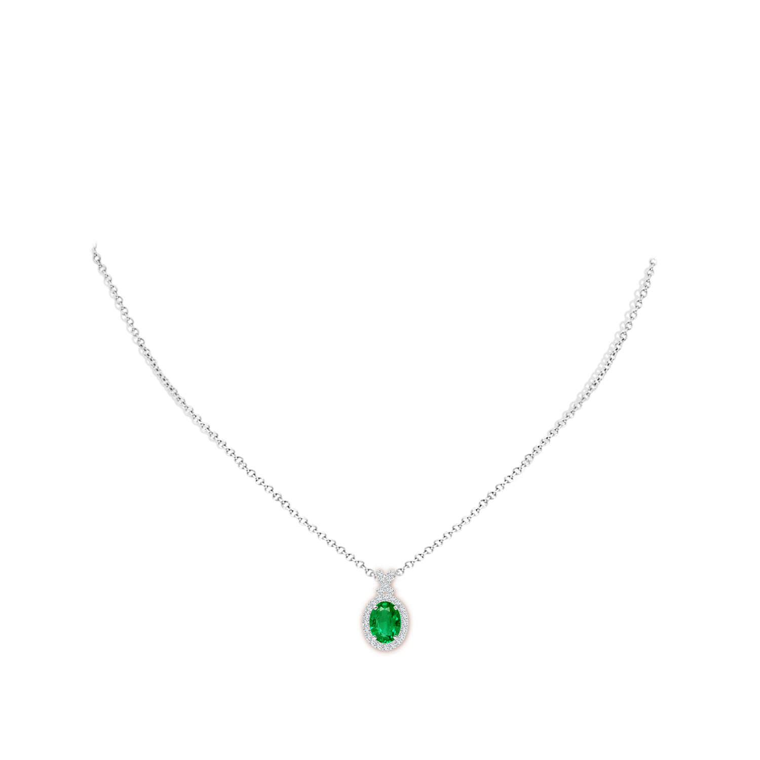 8x6mm AAA Vintage Style Emerald Pendant with Diamond Halo in White Gold - body_neck