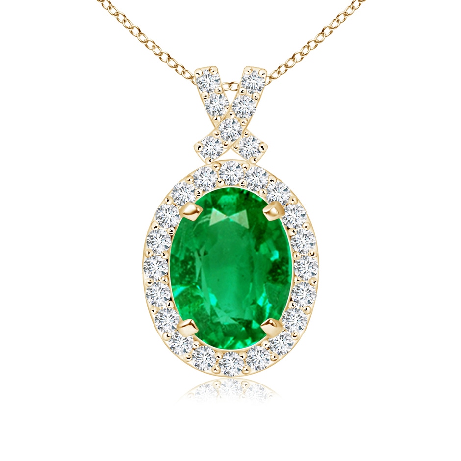 8x6mm AAA Vintage Style Emerald Pendant with Diamond Halo in Yellow Gold 
