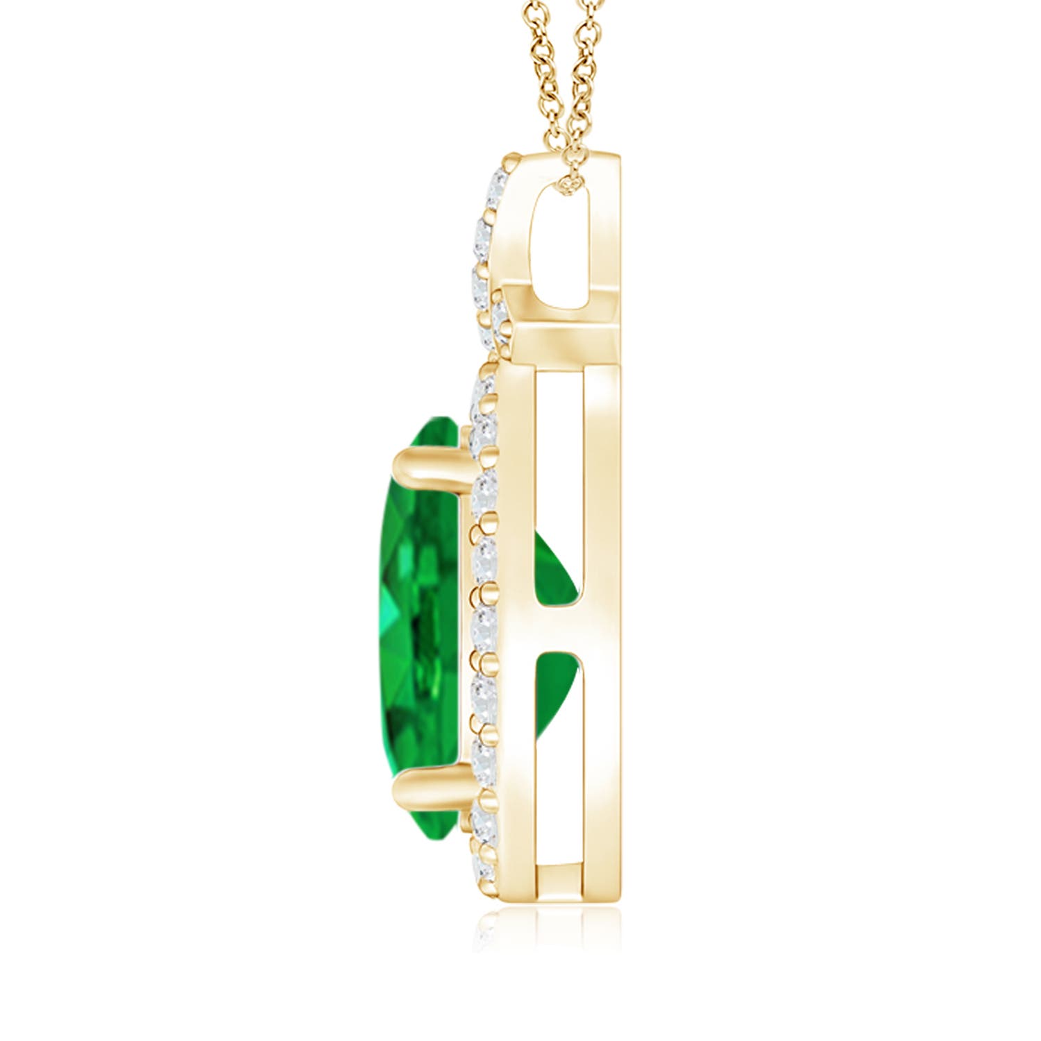 9x7mm AAA Vintage Style Emerald Pendant with Diamond Halo in 18K Yellow Gold