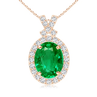 9x7mm AAA Vintage Style Emerald Pendant with Diamond Halo in Rose Gold