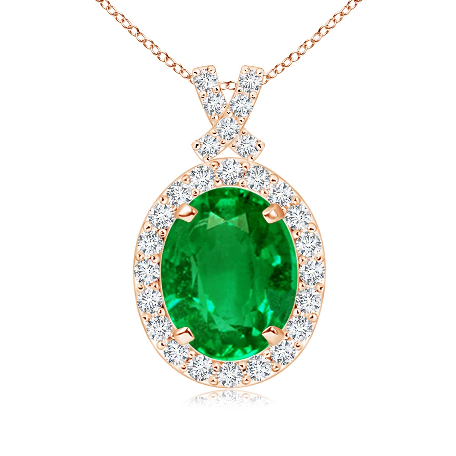 9x7mm AAAA Vintage Style Emerald Pendant with Diamond Halo in Rose Gold