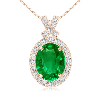 9x7mm AAAA Vintage Style Emerald Pendant with Diamond Halo in Rose Gold