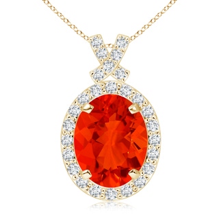 10x8mm AAAA Vintage Style Fire Opal Pendant with Diamond Halo in Yellow Gold
