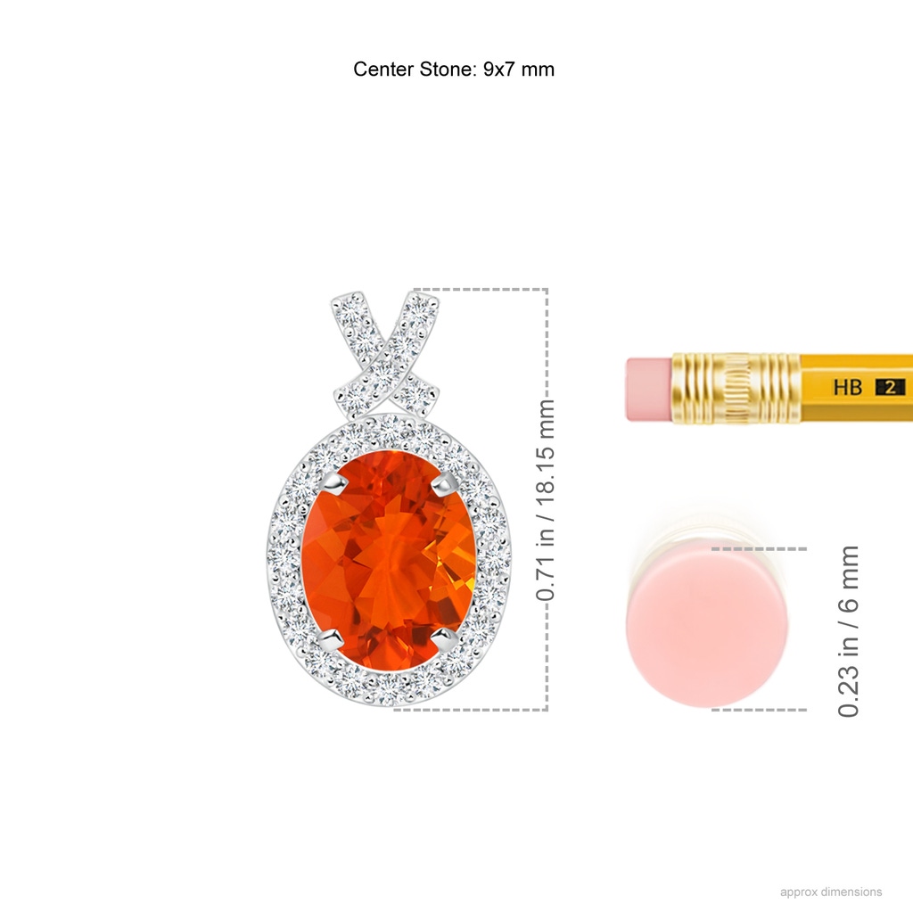 9x7mm AAA Vintage Style Fire Opal Pendant with Diamond Halo in White Gold Ruler