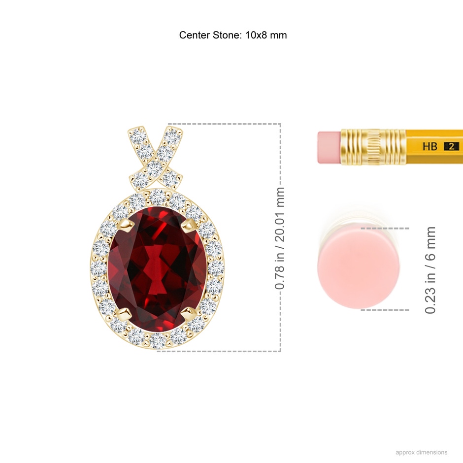 10x8mm AAAA Vintage Style Garnet Pendant with Diamond Halo in Yellow Gold ruler