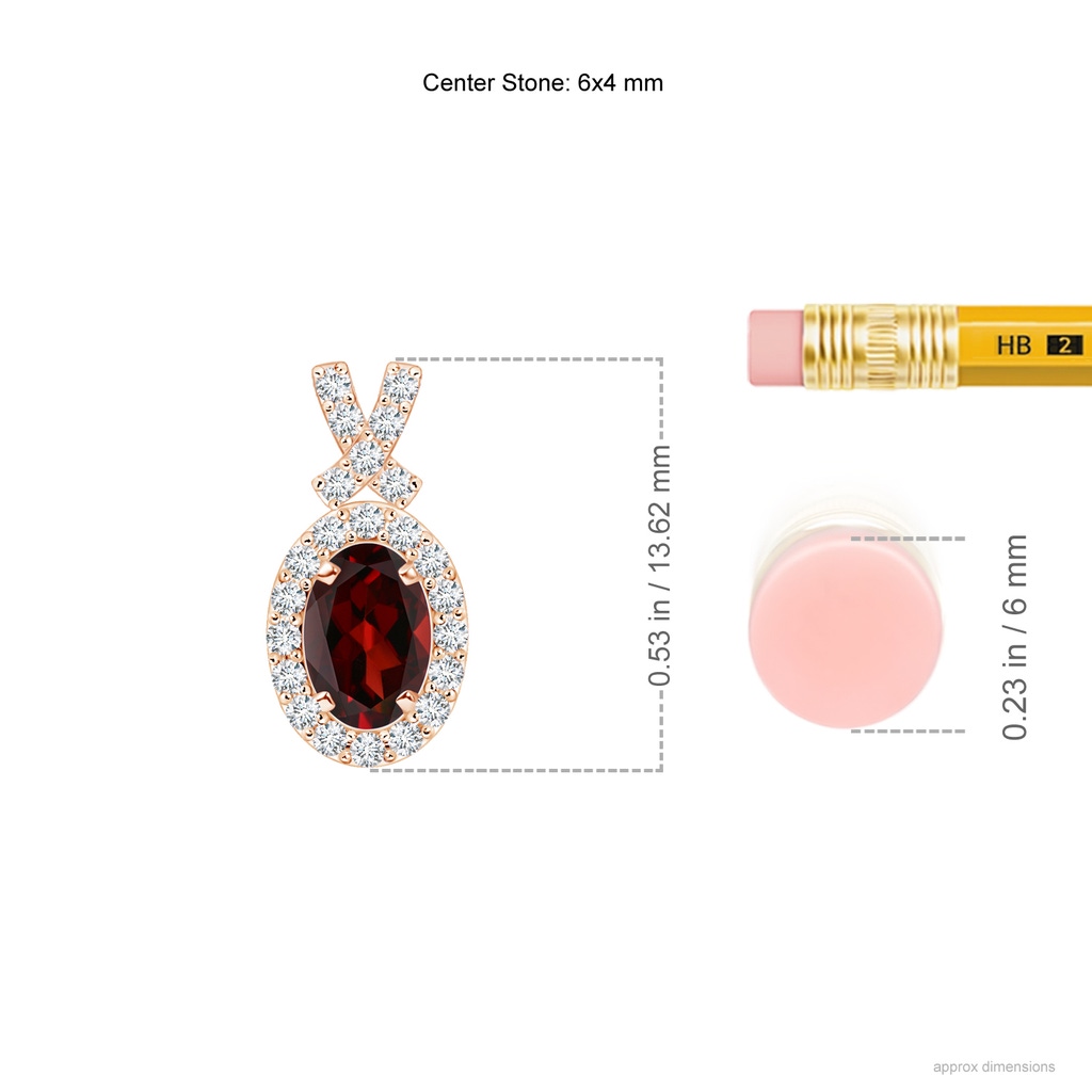6x4mm AAA Vintage Style Garnet Pendant with Diamond Halo in Rose Gold Ruler