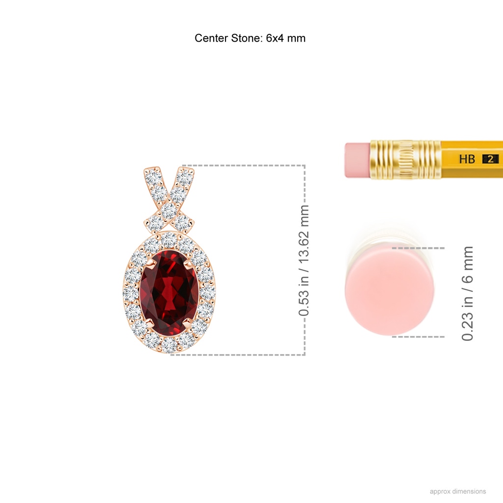 6x4mm AAAA Vintage Style Garnet Pendant with Diamond Halo in Rose Gold Ruler