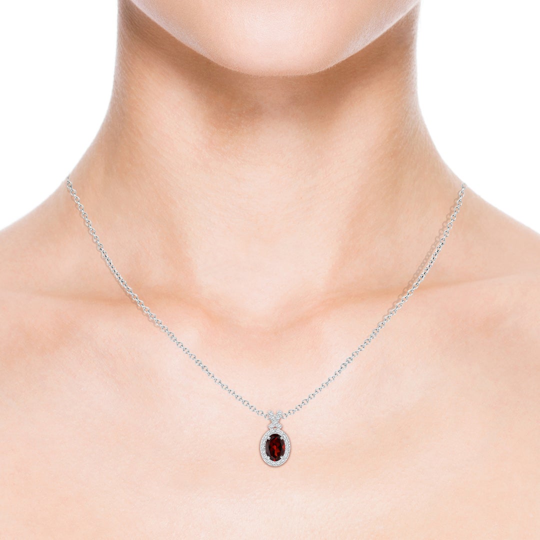 7x5mm AAA Vintage Style Garnet Pendant with Diamond Halo in White Gold - body_view 3