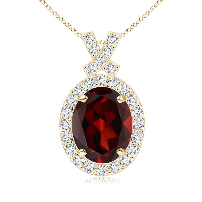 9x7mm AAA Vintage Style Garnet Pendant with Diamond Halo in Yellow Gold 