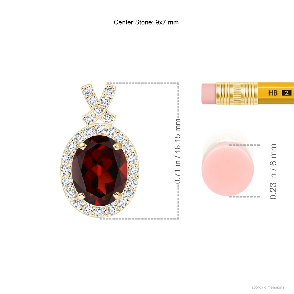 9x7mm AAA Vintage Style Garnet Pendant with Diamond Halo in Yellow Gold Ruler