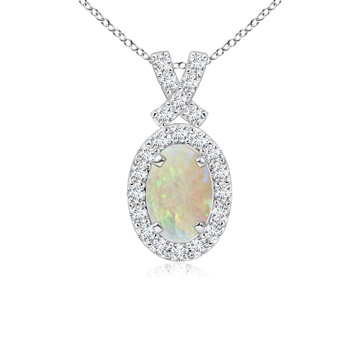 6x4mm AAA Vintage Style Opal Pendant with Diamond Halo in 9K White Gold 