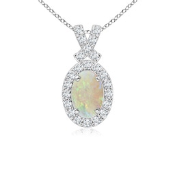 6x4mm AAA Vintage Style Opal Pendant with Diamond Halo in 9K White Gold