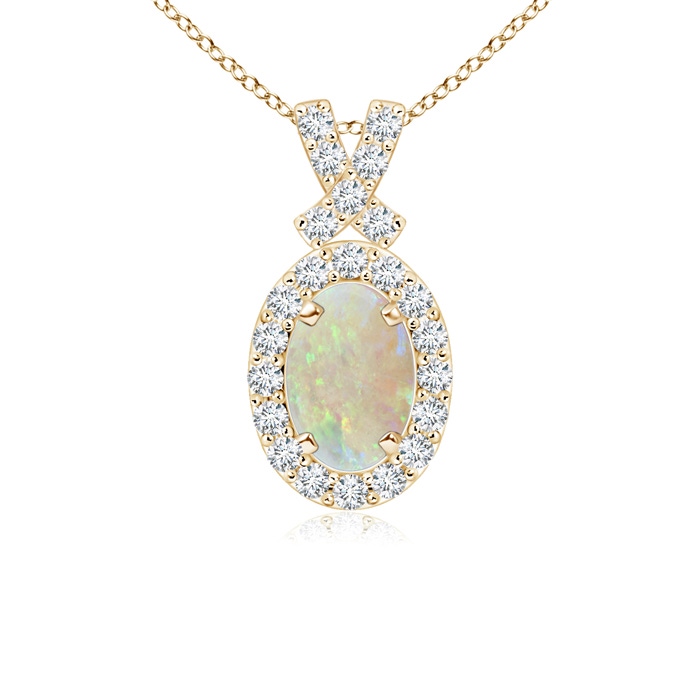 6x4mm AAA Vintage Style Opal Pendant with Diamond Halo in Yellow Gold 