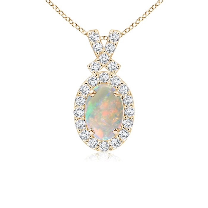 6x4mm AAAA Vintage Style Opal Pendant with Diamond Halo in Yellow Gold 