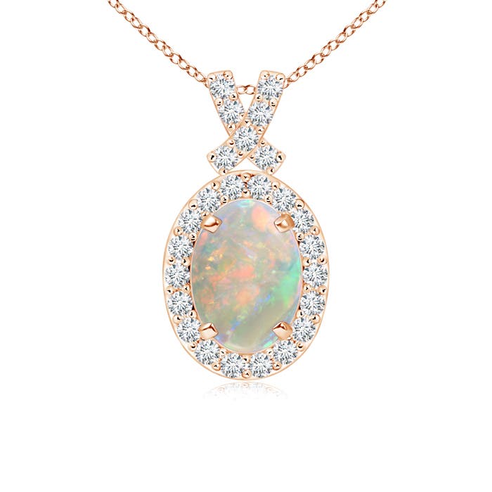 7x5mm AAAA Vintage Style Opal Pendant with Diamond Halo in Rose Gold