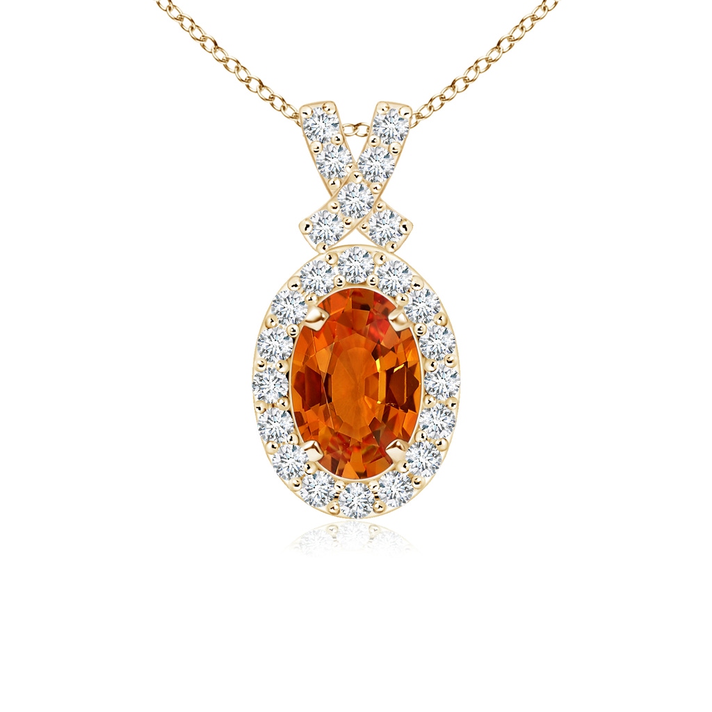 6x4mm AAAA Vintage Style Orange Sapphire Pendant with Diamond Halo in Yellow Gold
