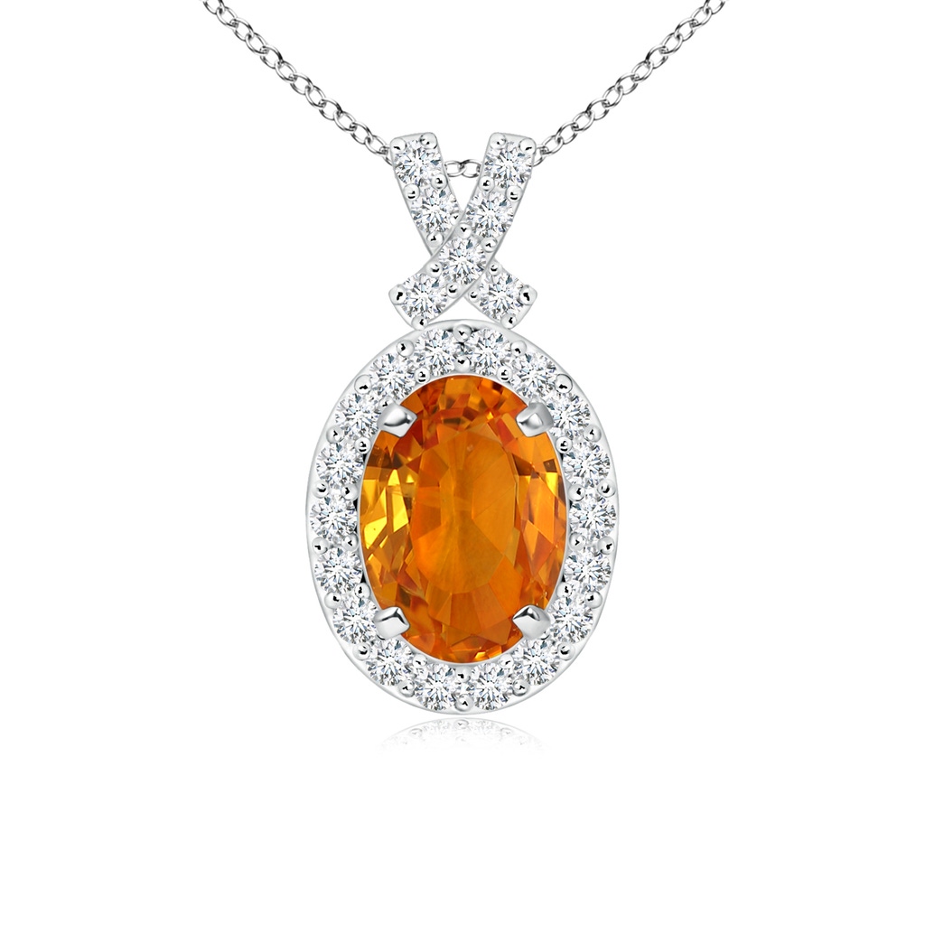 7x5mm AAA Vintage Style Orange Sapphire Pendant with Diamond Halo in White Gold