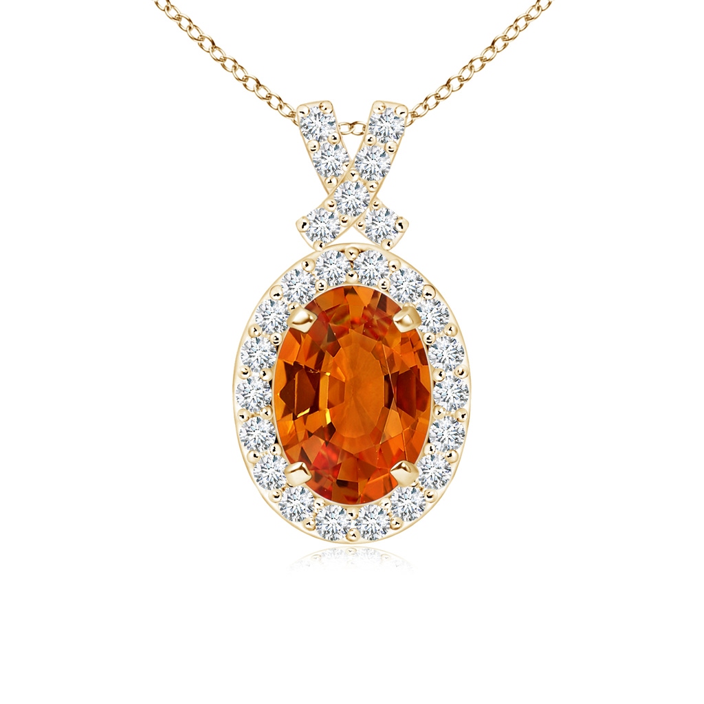 7x5mm AAAA Vintage Style Orange Sapphire Pendant with Diamond Halo in Yellow Gold