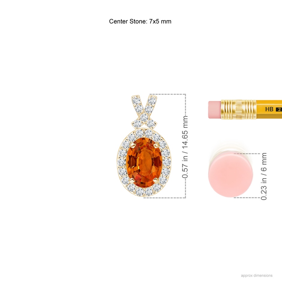 7x5mm AAAA Vintage Style Orange Sapphire Pendant with Diamond Halo in Yellow Gold ruler