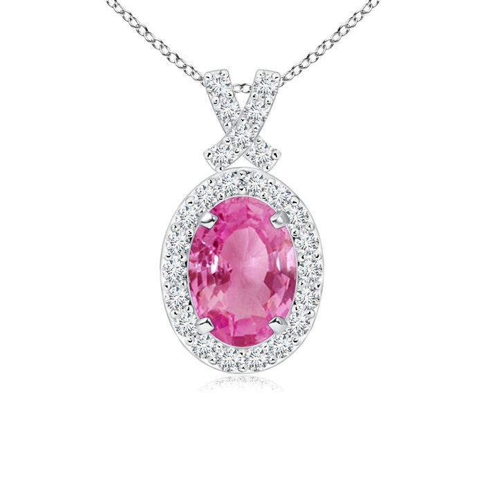 7x5mm AAA Vintage Style Pink Sapphire Pendant with Diamond Halo in White Gold
