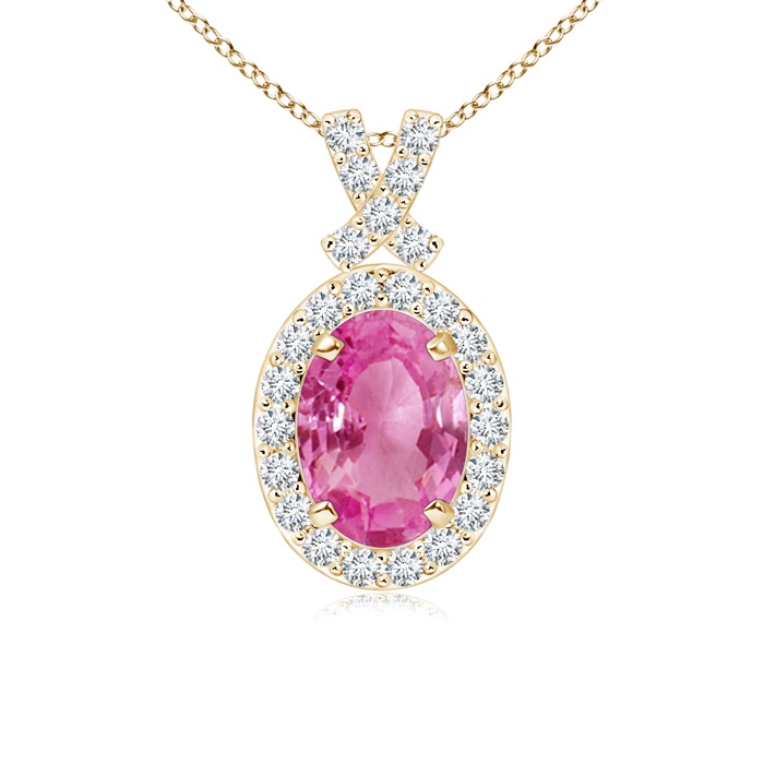 7x5mm AAA Vintage Style Pink Sapphire Pendant with Diamond Halo in Yellow Gold 