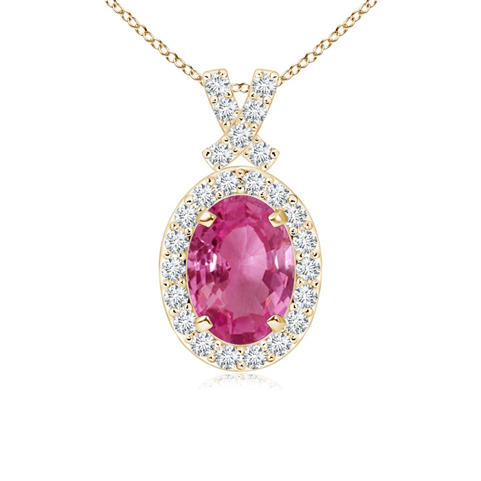 7x5mm AAAA Vintage Style Pink Sapphire Pendant with Diamond Halo in Yellow Gold 