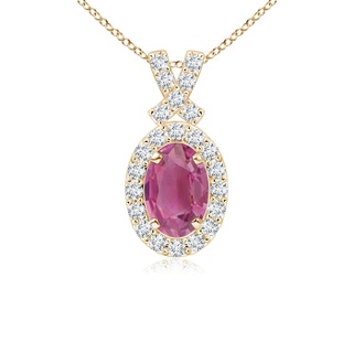 6x4mm AAA Vintage Style Pink Tourmaline Pendant with Diamond Halo in Yellow Gold