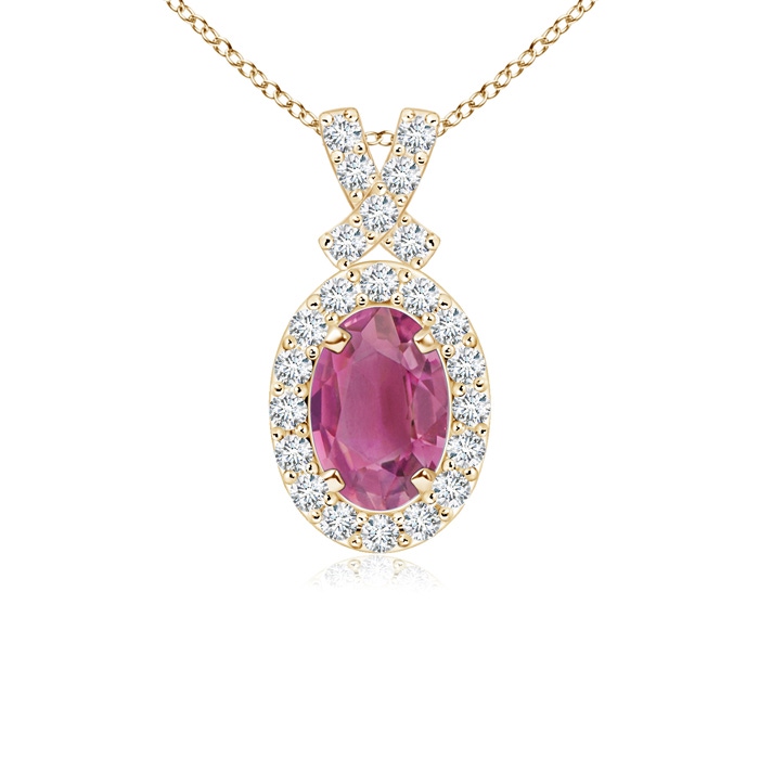 6x4mm AAA Vintage Style Pink Tourmaline Pendant with Diamond Halo in Yellow Gold 