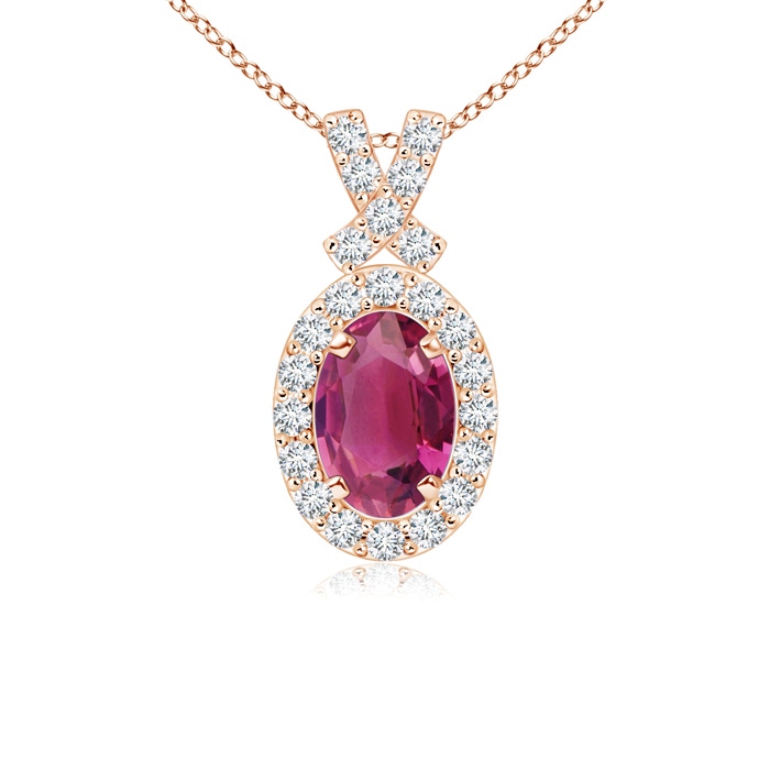 6x4mm AAAA Vintage Style Pink Tourmaline Pendant with Diamond Halo in Rose Gold