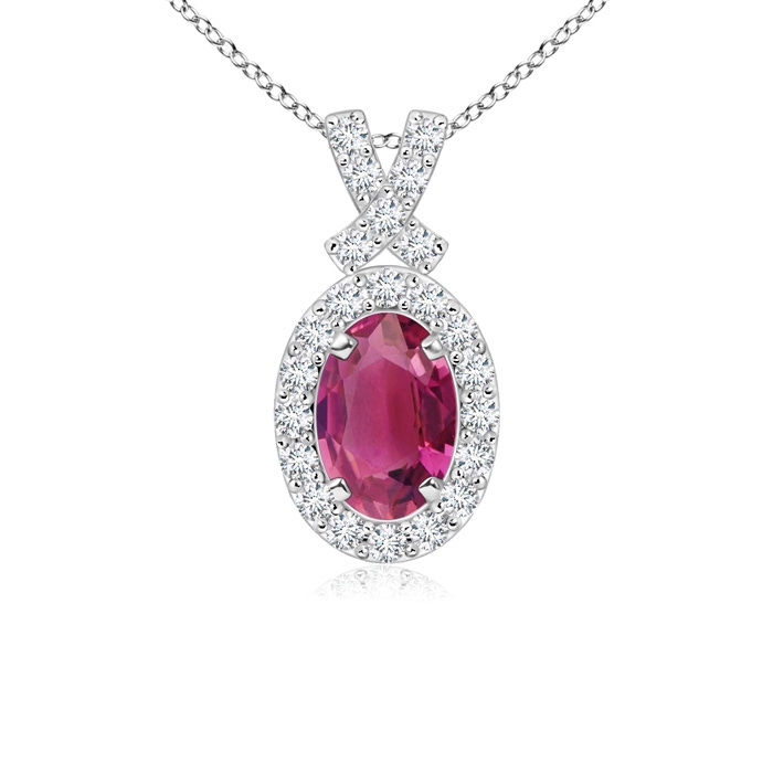 6x4mm AAAA Vintage Style Pink Tourmaline Pendant with Diamond Halo in White Gold