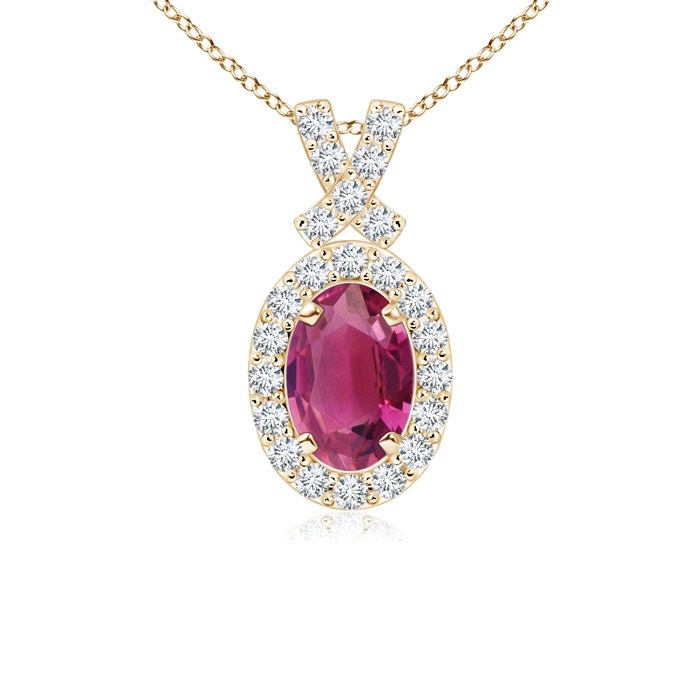 6x4mm AAAA Vintage Style Pink Tourmaline Pendant with Diamond Halo in Yellow Gold