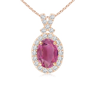 7x5mm AAA Vintage Style Pink Tourmaline Pendant with Diamond Halo in Rose Gold