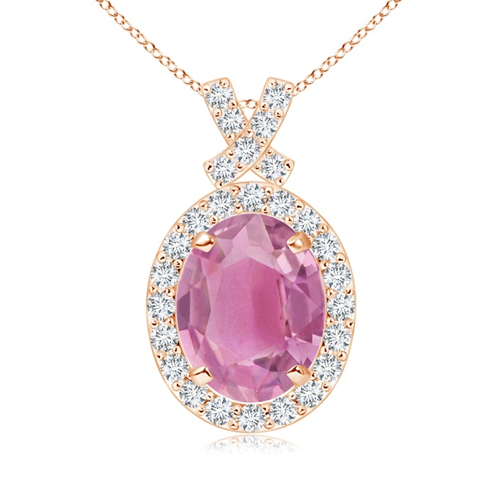 9x7mm AA Vintage Style Pink Tourmaline Pendant with Diamond Halo in Rose Gold 